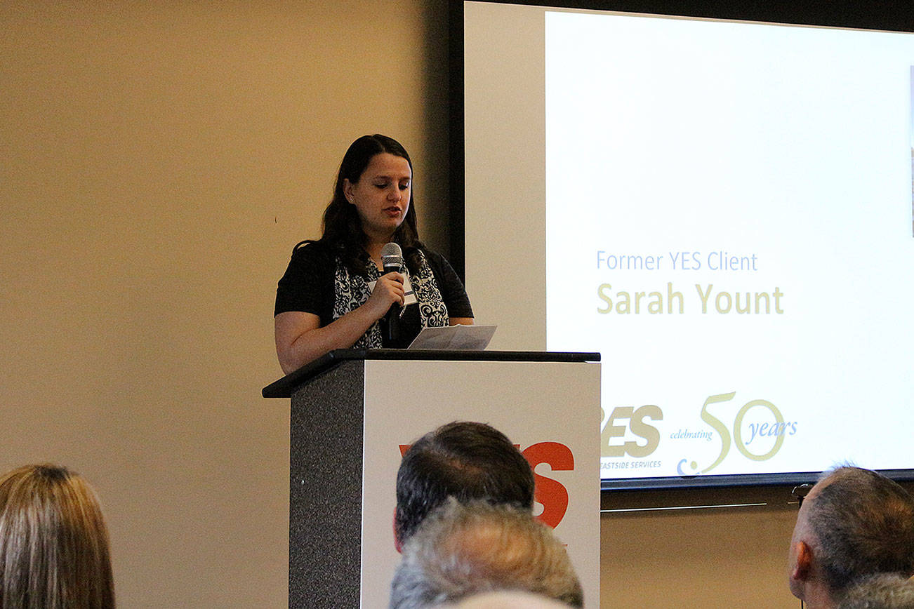 Sarah Yount, former YES client, speaks at YES’s 50th anniversary celebration on Nov. 2. Madison Miller/staff photo.
