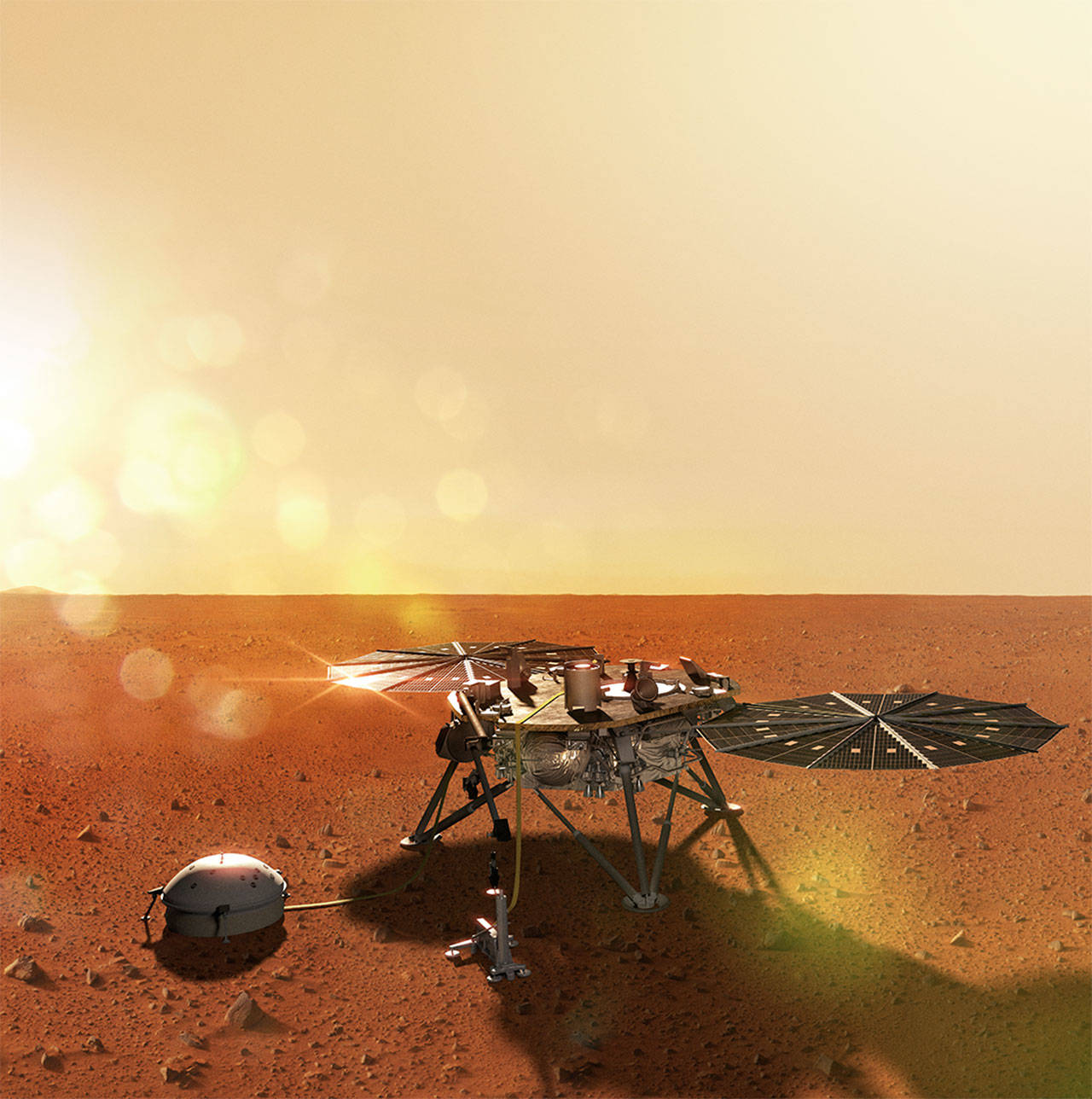 An artists rendering of the InSight Mars lander which touched down on the red planet on Nov. 26. Aerojet Rocketdyne designed thrusters which were used to let the craft safely land. Graphic courtesy of Aerojet Rocketdyne