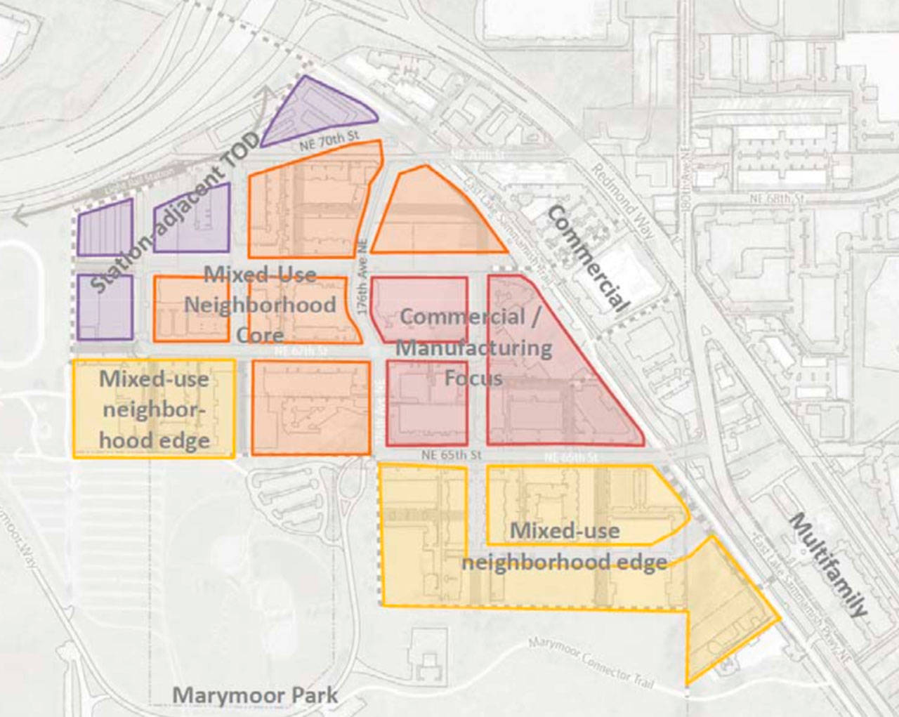 The city’s plans for Redmond’s southeast neighborhood include increased residential living spaces near Marymoor Park and a Sound Transit East Link Light Rail station parallel to WA-520. Courtesy of Redmond City Council Infrastructure Planning Report 2017
