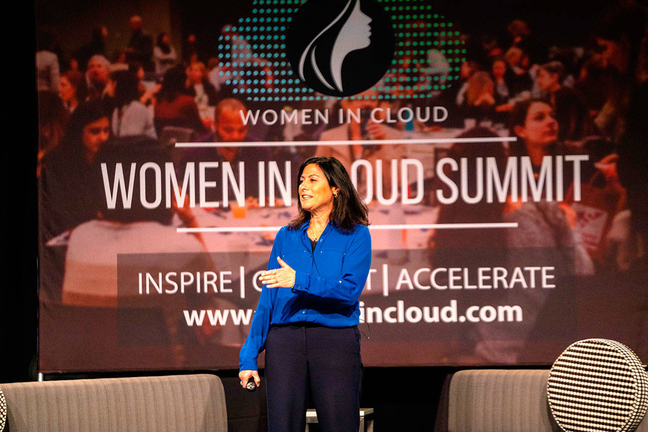 Gavriella Schuster, corporate vice president for Microsoft, gives the main keynote during Women in Cloud’s second annual summit on Jan. 26. Courtesy of Vincent Konkel/Women in Cloud