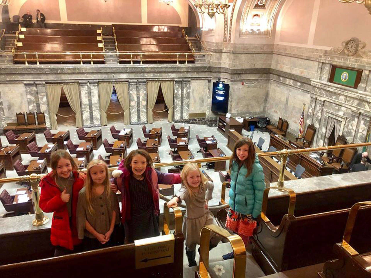 Becky Hinckley, Kaileigh Peterson, Cora Batterberry, Geneva Betnel and Megan O’Reilly went to the Washington State Capitol to testify in support of a statewide plastic straw ban. Photo courtesy of Angela Pifer