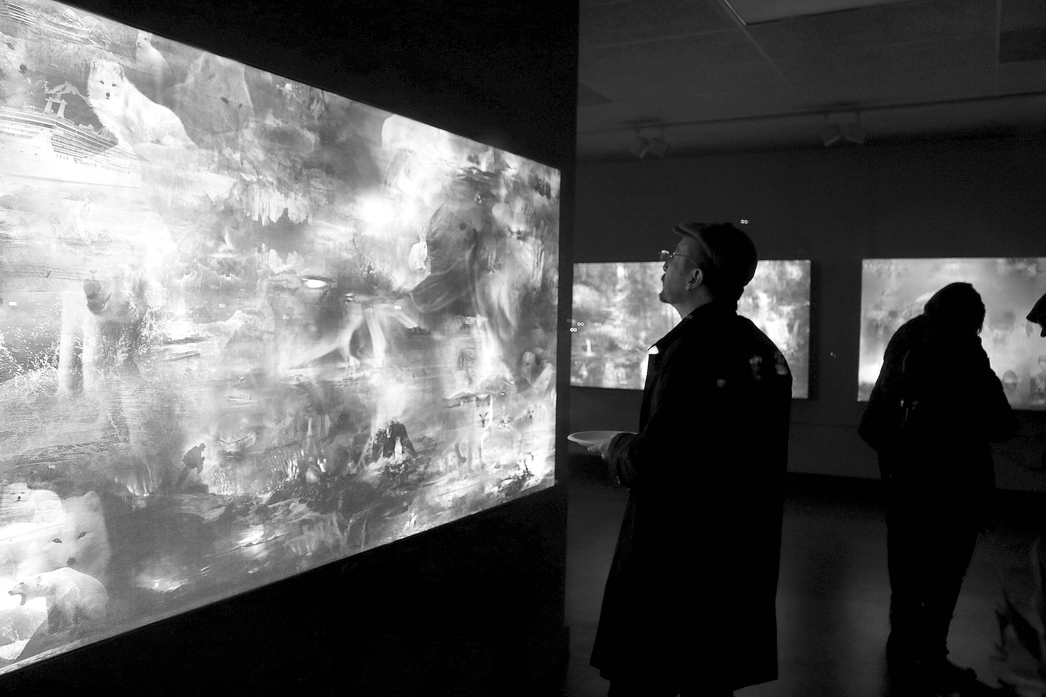 Petrić’s piece Skies Epitomize uses artificial intelligence to generate what the sky would look like in the most peaceful and conflicted countries. The installation is exhibited with dynamic lights that subtly changes color just as the sky changes outside. Stephanie Quiroz/staff photo.