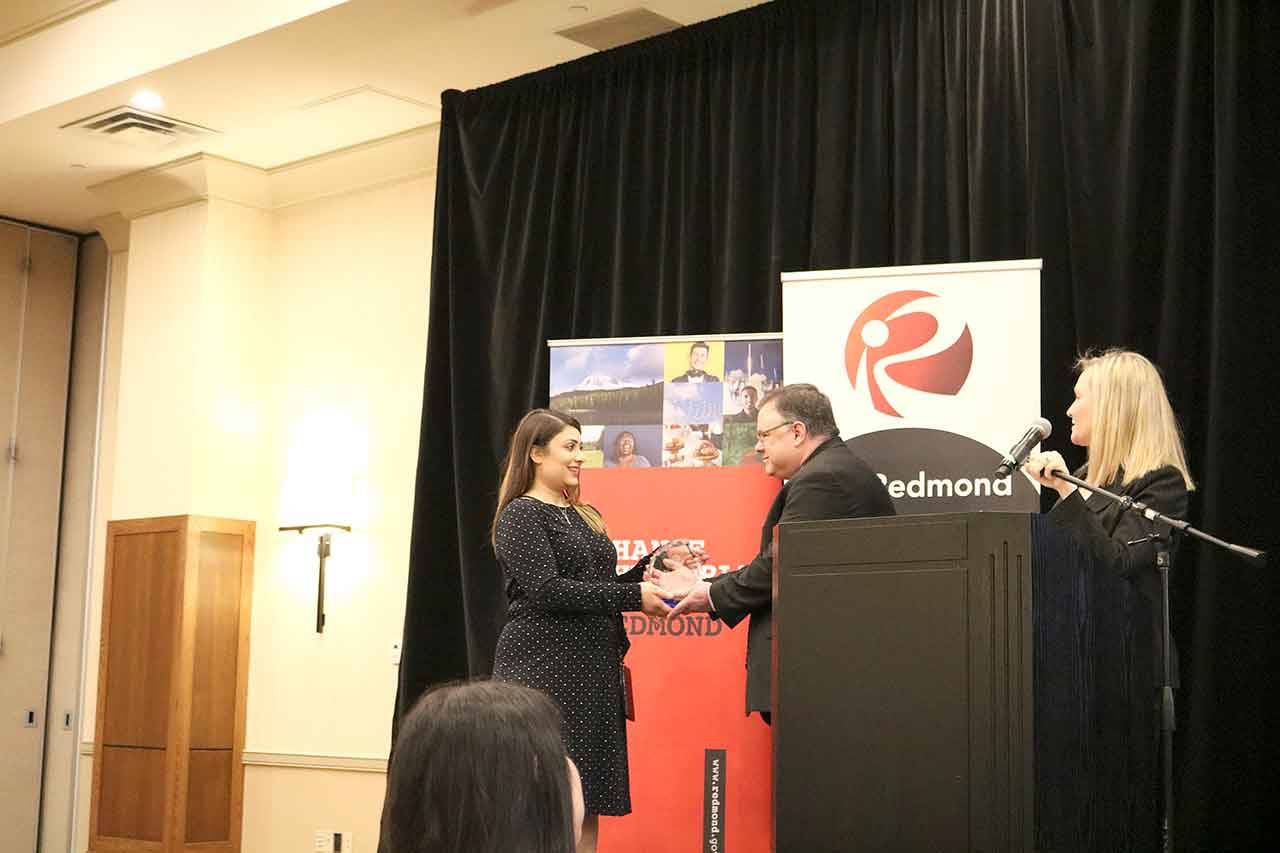 OneRedmond, the address sponsor, presented the mayor an award of appreciation on Feb 22. Stephanie Quiroz/staff photo