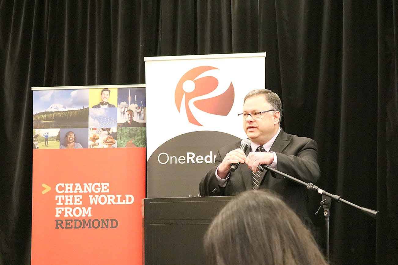 Mayor John Marchione presented his annual State of the City address at the Marriott hotel in the Redmond Town Center on Feb. 22. Stephanie Quiroz/staff photo
