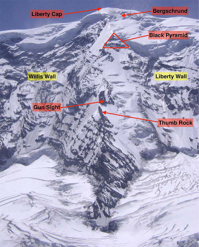 An aerial photo of Liberty Ridge. According to the National Park Service, it takes an estimated 8 to 9 hours to hike from Thumb Rock to Columbia Crest (2.5 miles and 5,000 feet of elevation gain). The climbers were rescued from between Columbia Crest, Mount Rainier’s highest peak, and Liberty Cap, the mountain’s lowest peak. Image courtesy National Park Service                                An aerial photo of Liberty Ridge. According to the National Park Service, it takes an estimated 8 to 9 hours to hike from Thumb Rock to Columbia Crest (2.5 miles and 5,000 feet of elevation gain). The climbers were rescued from between Columbia Crest, Mount Rainier’s highest peak, and Liberty Cap, the mountain’s lowest peak. Image courtesy National Park Service