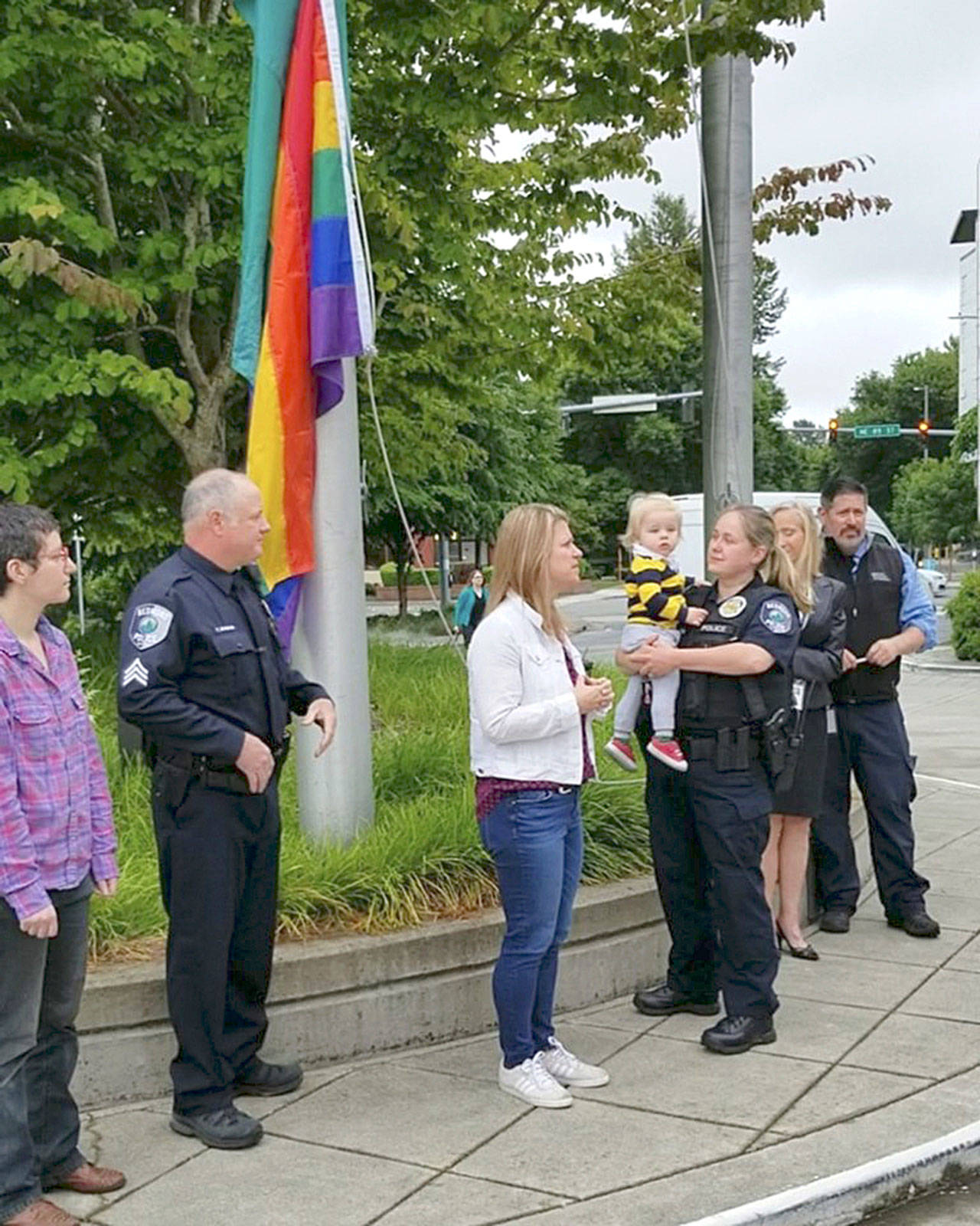 In honor of Pride Month, City Staff and Council President Angela Birney raised the Pride flag at City Hall on June 17. Courtesy photo of City Redmond Facebook