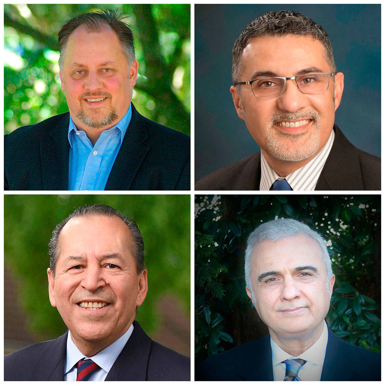 Clockwise from top left, Redmond City Council Pos. 7 candidates David Carson, Osama Hamdan, Shad Ansari and Carlos Jimenez. Courtesy photos