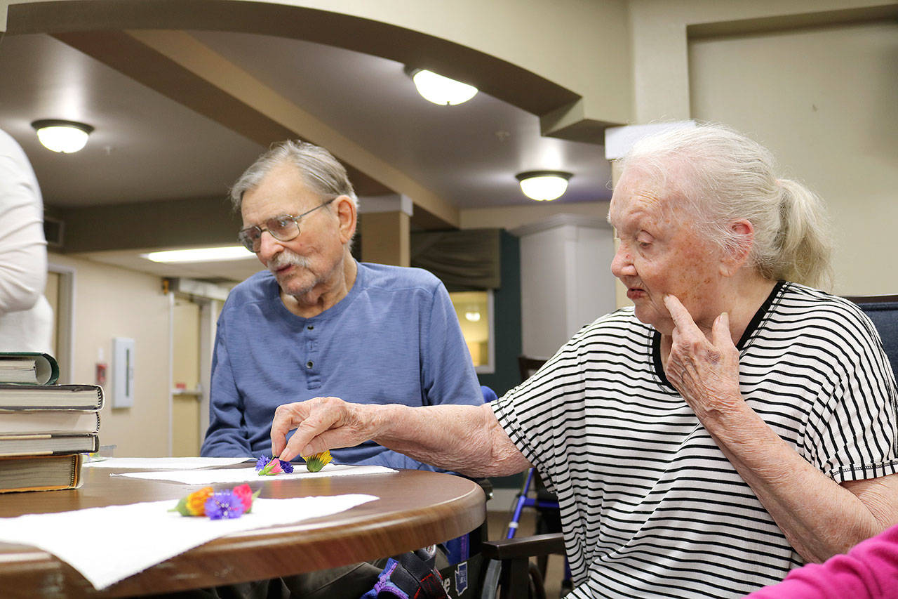 Residents William Sanderson and Nadine Harman place flowers on a paper towel as part of their flower pressing project. Stephanie Quiroz/staff photo
