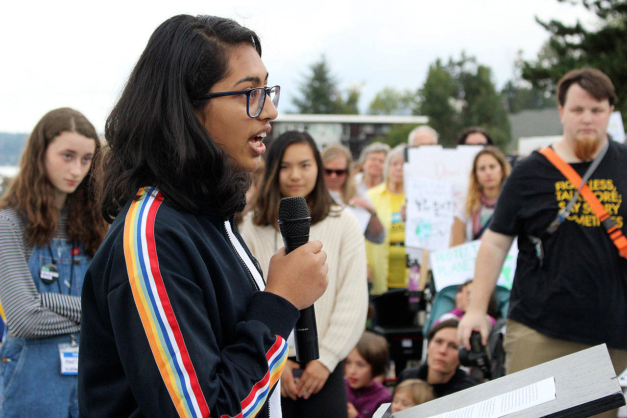 Eastlake High School junior, Layasri Ranjith, addresses the crowd at Friday’s climate strike. Madison Miller/staff photo
