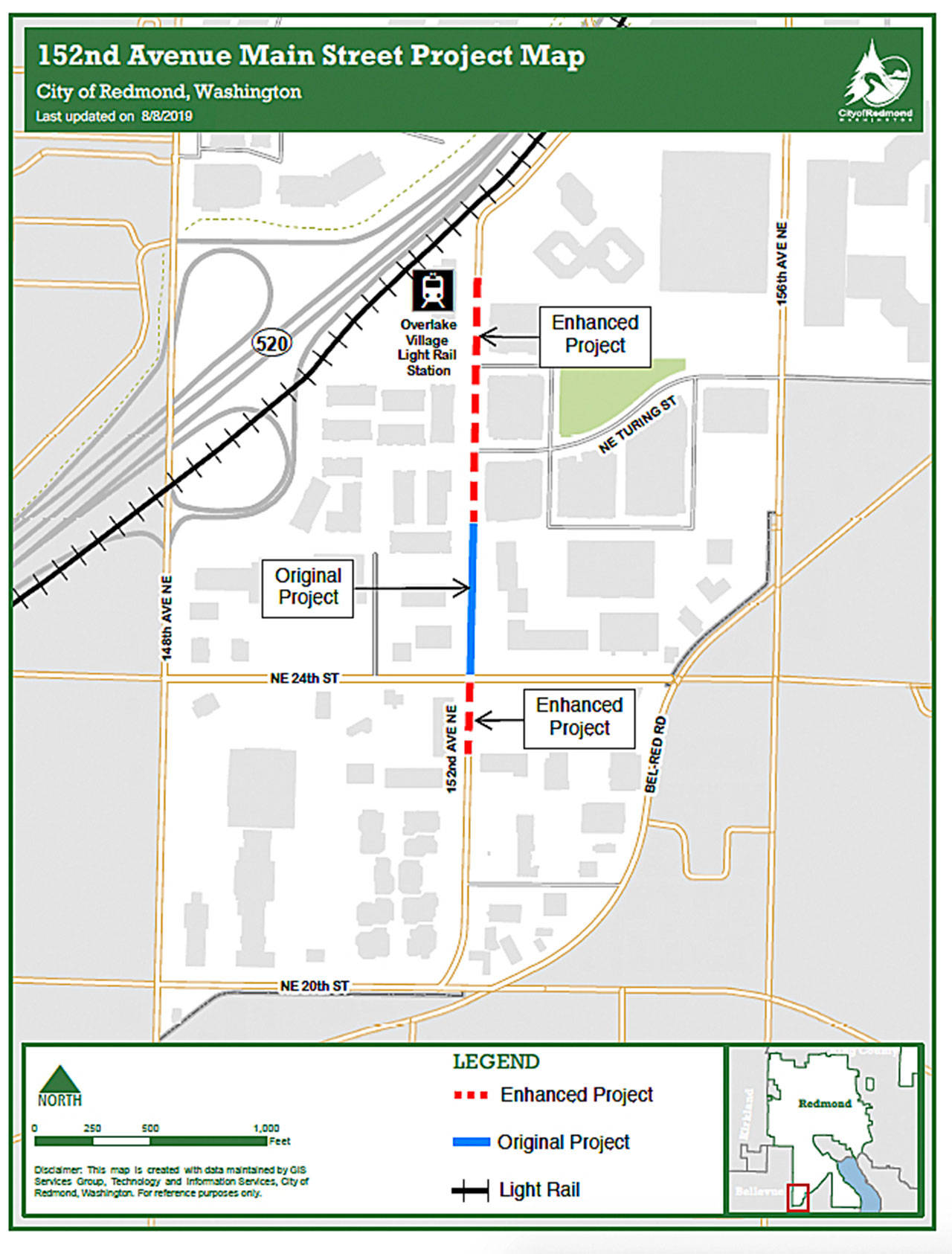 152nd Avenue Northeast main street project map. Image courtesy of city of Redmond