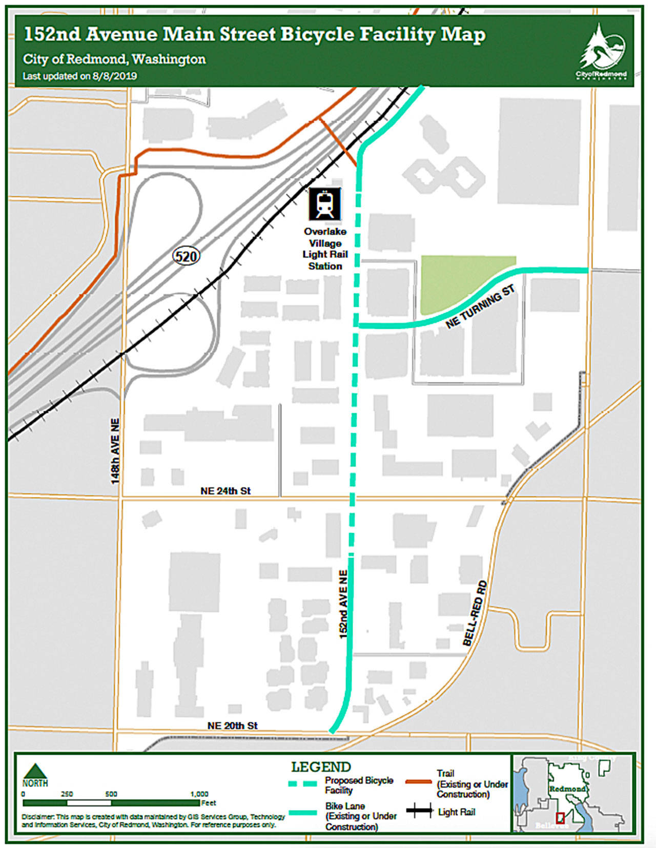 152nd Avenue Northeast main street project map. Image courtesy of city of Redmond                                152nd Avenue Northeast main street bicycle facilities map. Image courtesy of city of Redmond