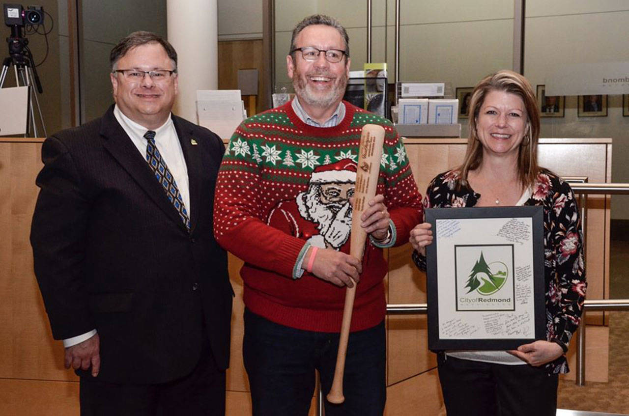 From left: John Marchione, Hank Margeson, and Angela Birney. Photo courtesy of city of Redmond Facebook