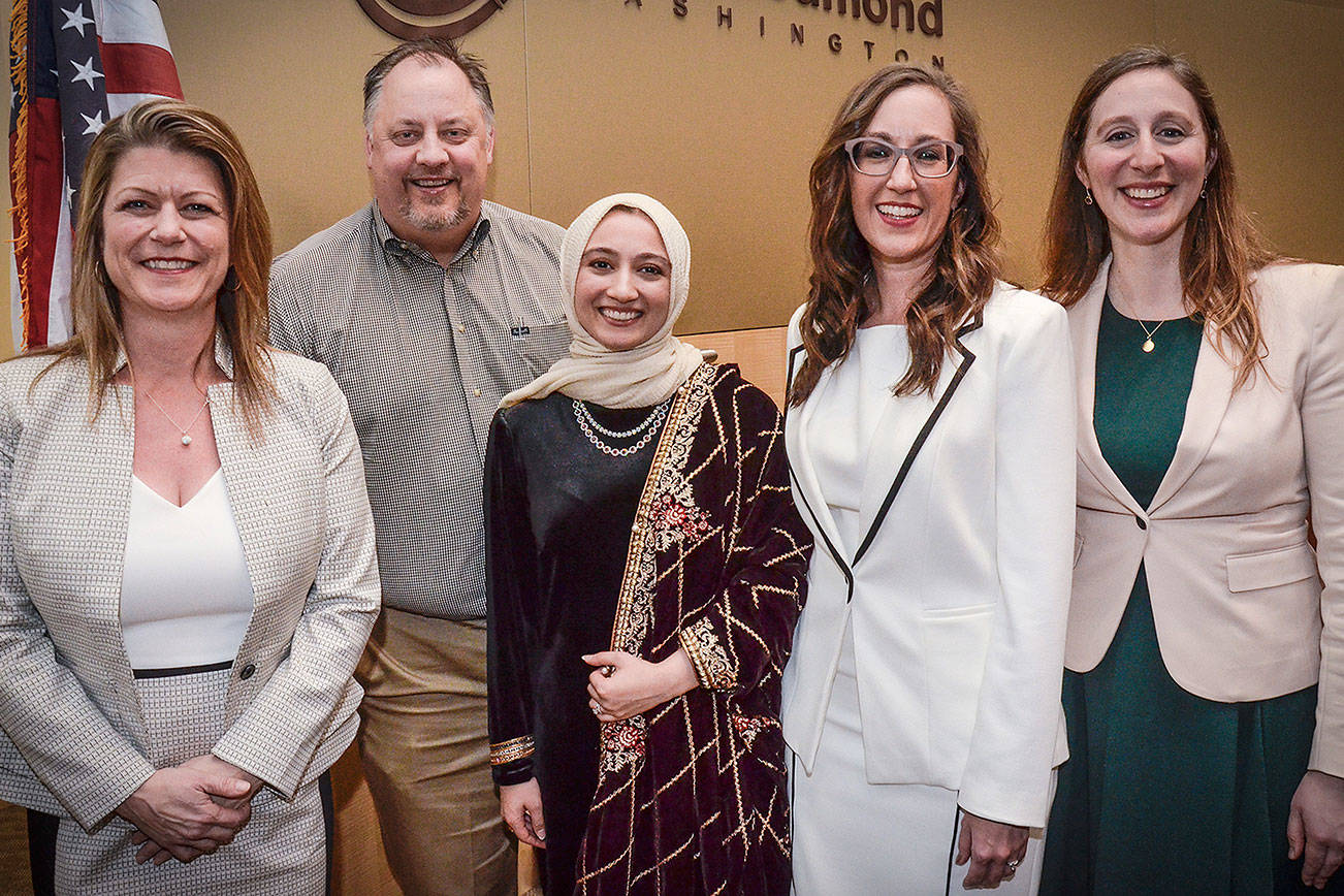 Photo courtesy of the city of Redmond                                 From left: Angela Birney, David Carson, Varisha Khan, Jessica Forsyth and Vanessa Kritzer were officially sworn in at Redmond’s City Council meeting on Dec. 17.