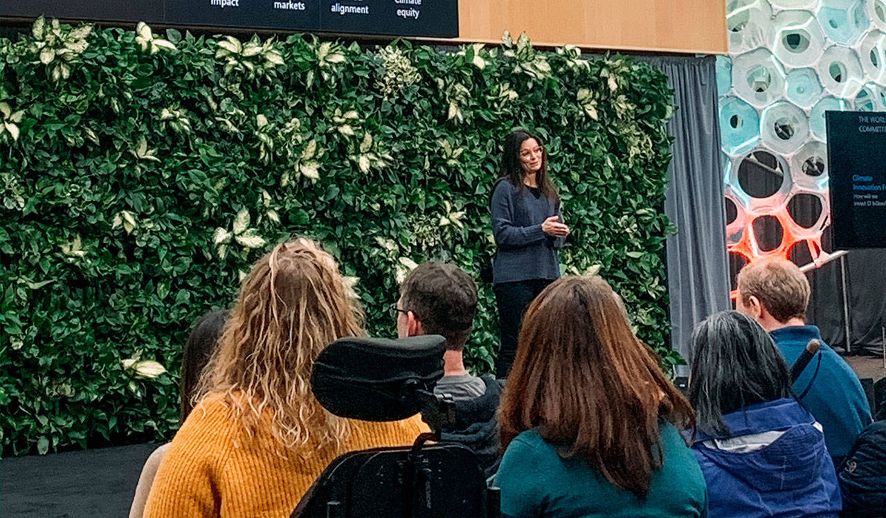 On Jan. 16 in Redmond, Microsoft CFO Amy Hood addresses how the company’s new plan for its $1 billion investment will be handled financially. Hood outlines the plan’s values in working internally and with partners. Photo courtesy of Trisha Hoy