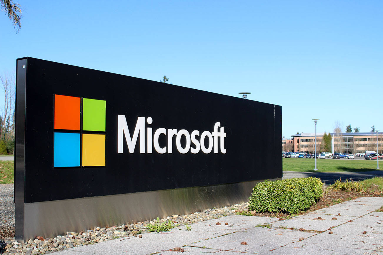 The signage outside of Microsoft’s Redwest Campus in Redmond, WA, on Feb. 19, 2020. Mitchell Atencio / Staff Photo