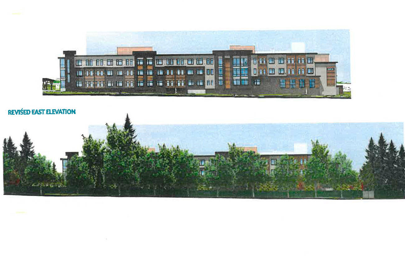 Conceptual designs from Emerald Heights for a new assisted living facility along 176th Ave NE showing both the building, top, and what it will look like with tree cover. Graphic courtesy of Emerald Heights