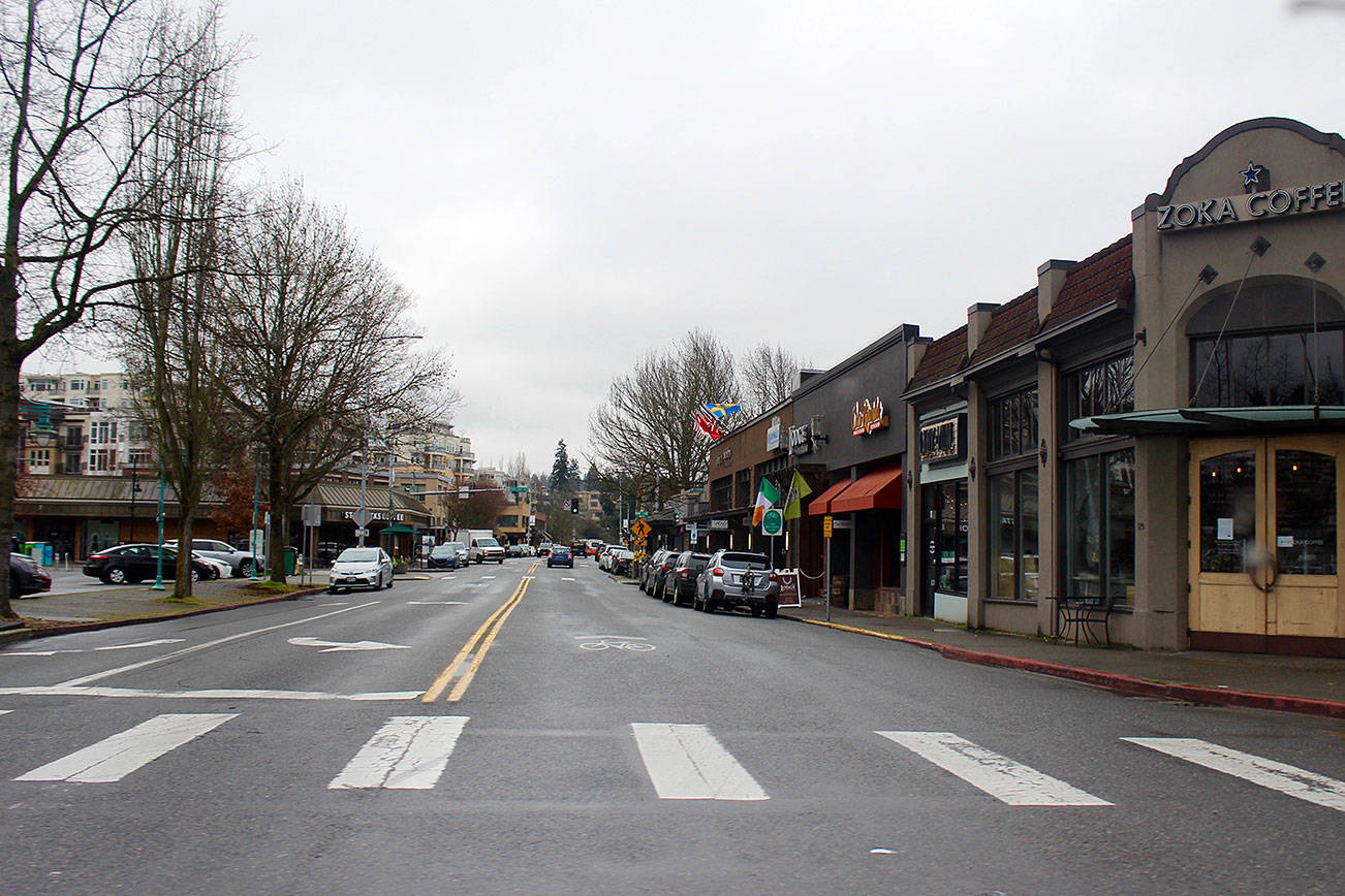 A shot of downtown Kirkland. Samantha St. John of the city’s chamber of commerce said that Kirkland’s business community is likely being more detrimentally affected than others on the Eastside due to the city’s often being deemed the epicenter of the coronavirus epidemic. Blake Peterson/staff photo