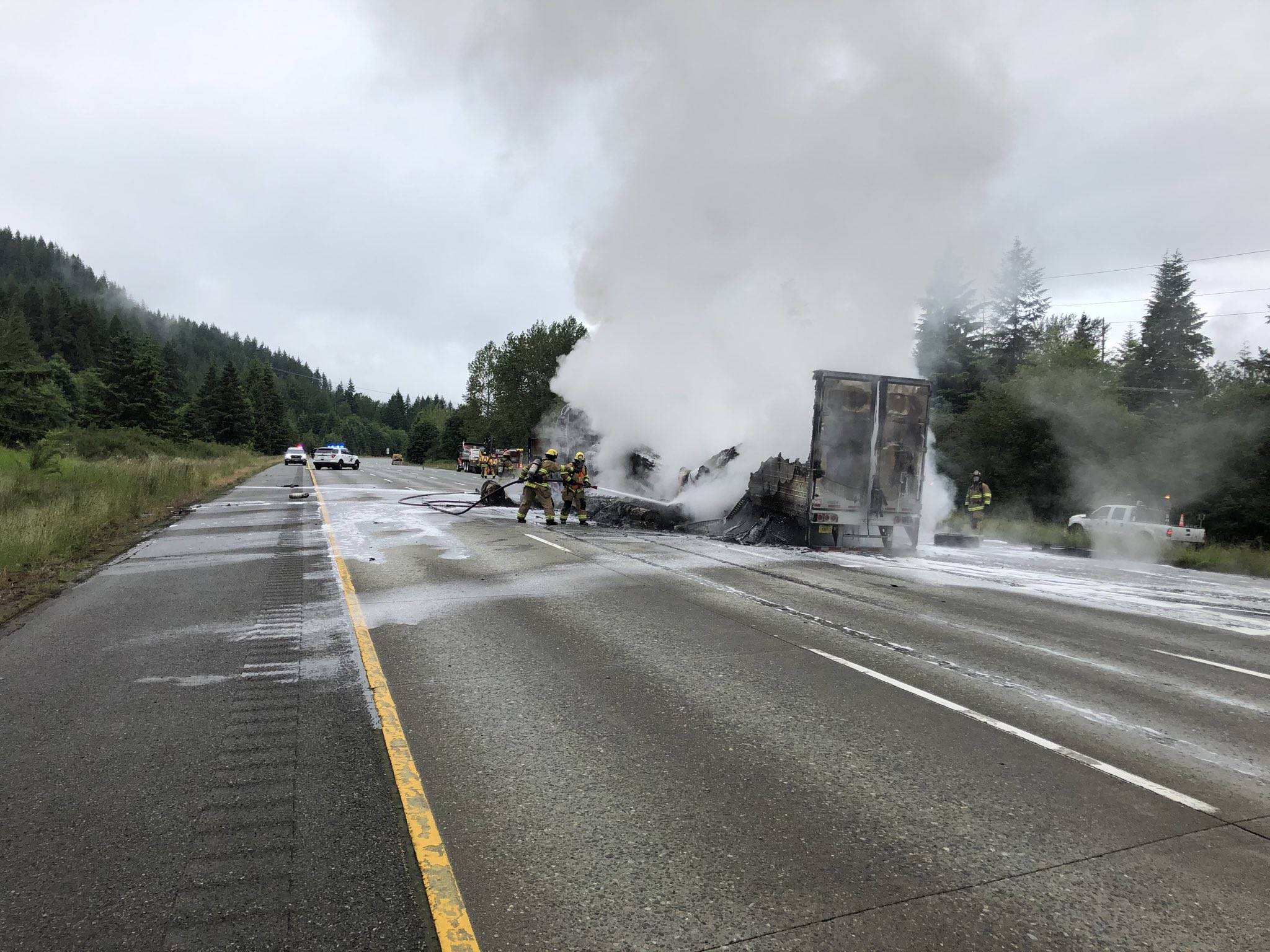 A semi truck collided with a dump truck on June 16 near milepost 27 on westbound I-90. It closed westbound lanes at milepost 31. Photo contributed by Trooper Rick Johnson