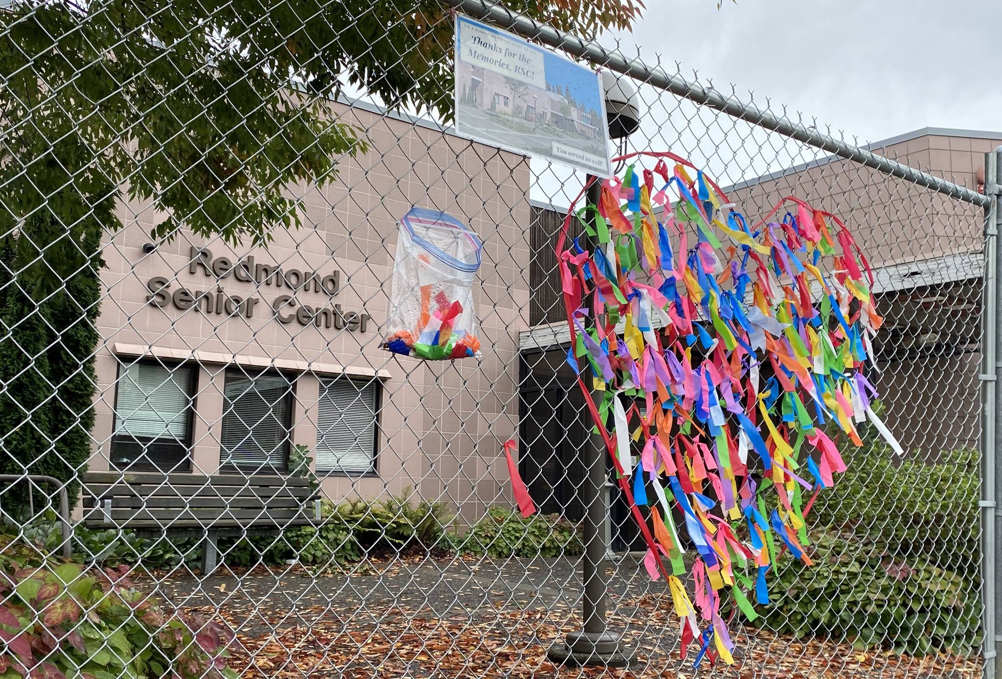 The closed Redmond Senior Center on Oct. 13. Community members leave ribbons in the heart to honor the memories of the to-be-demolished center. Haley Ausbun/staff photo.