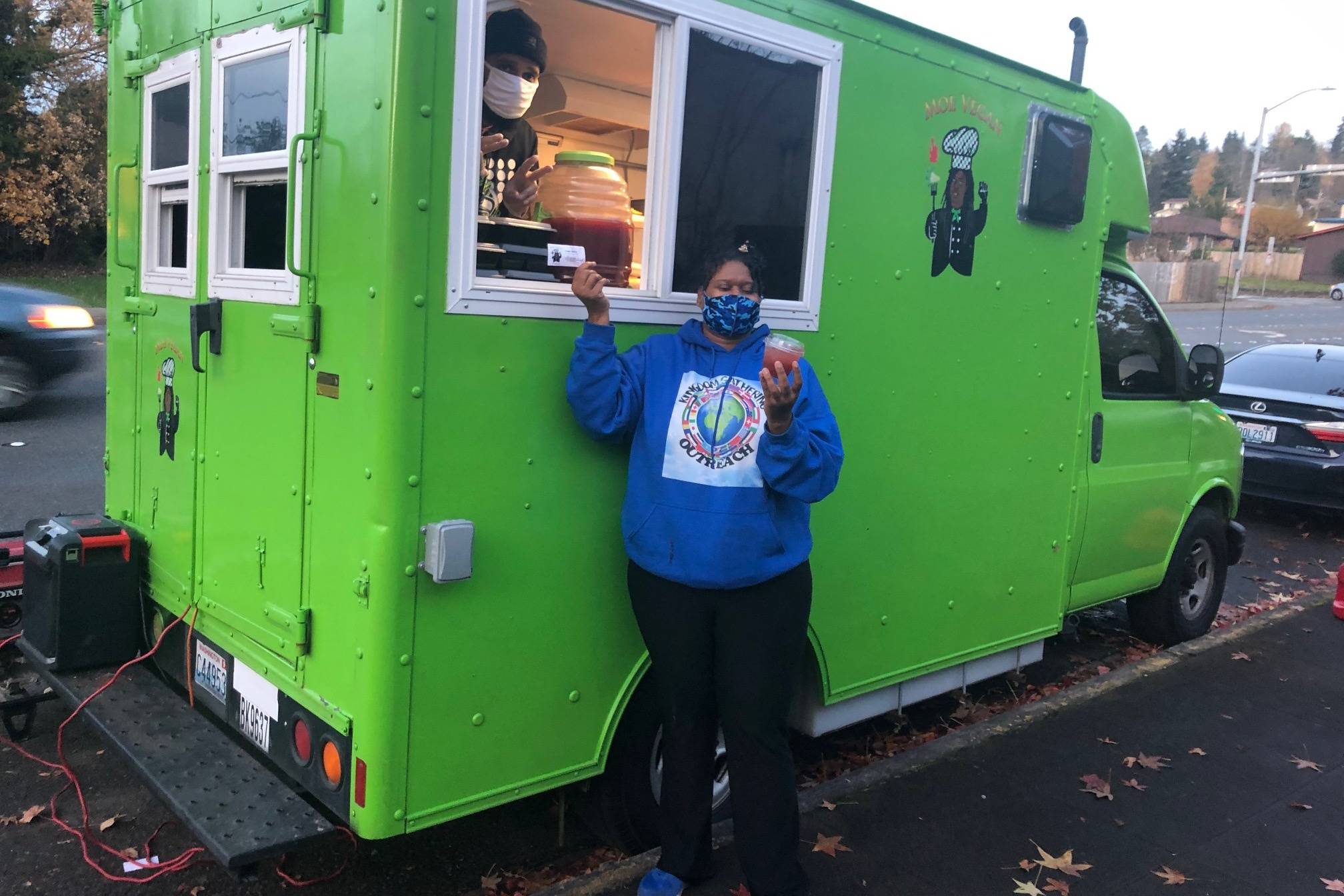 The Moe Vegan food truck serves meals at the city of Kent’s annual Community Thanksgiving Dinner on Nov. 21, 2020. Sound Publishing file photo
