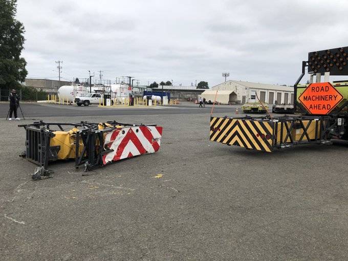 This photo from WSDOT’s Twitter feed on June 30 shows a new attenuator and an attenuator that was damaged in a recent work zone crash.