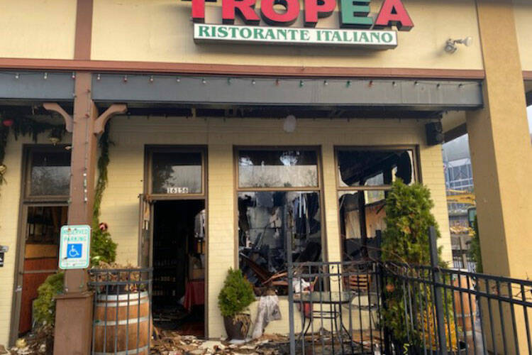 Damage resulting from fire at Tropea Ristorante Italiano (Screenshot from Redmond Police Department Twitter)