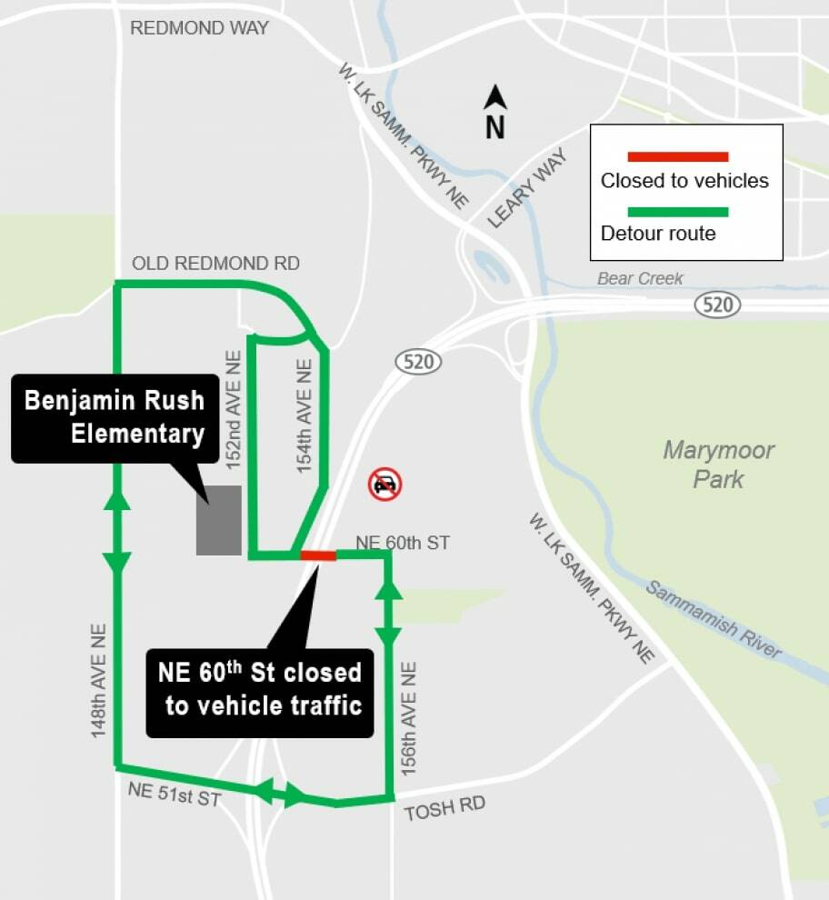 A map showing vehicle detour routes for NE 60th Street. Courtesy of Sound Transit.