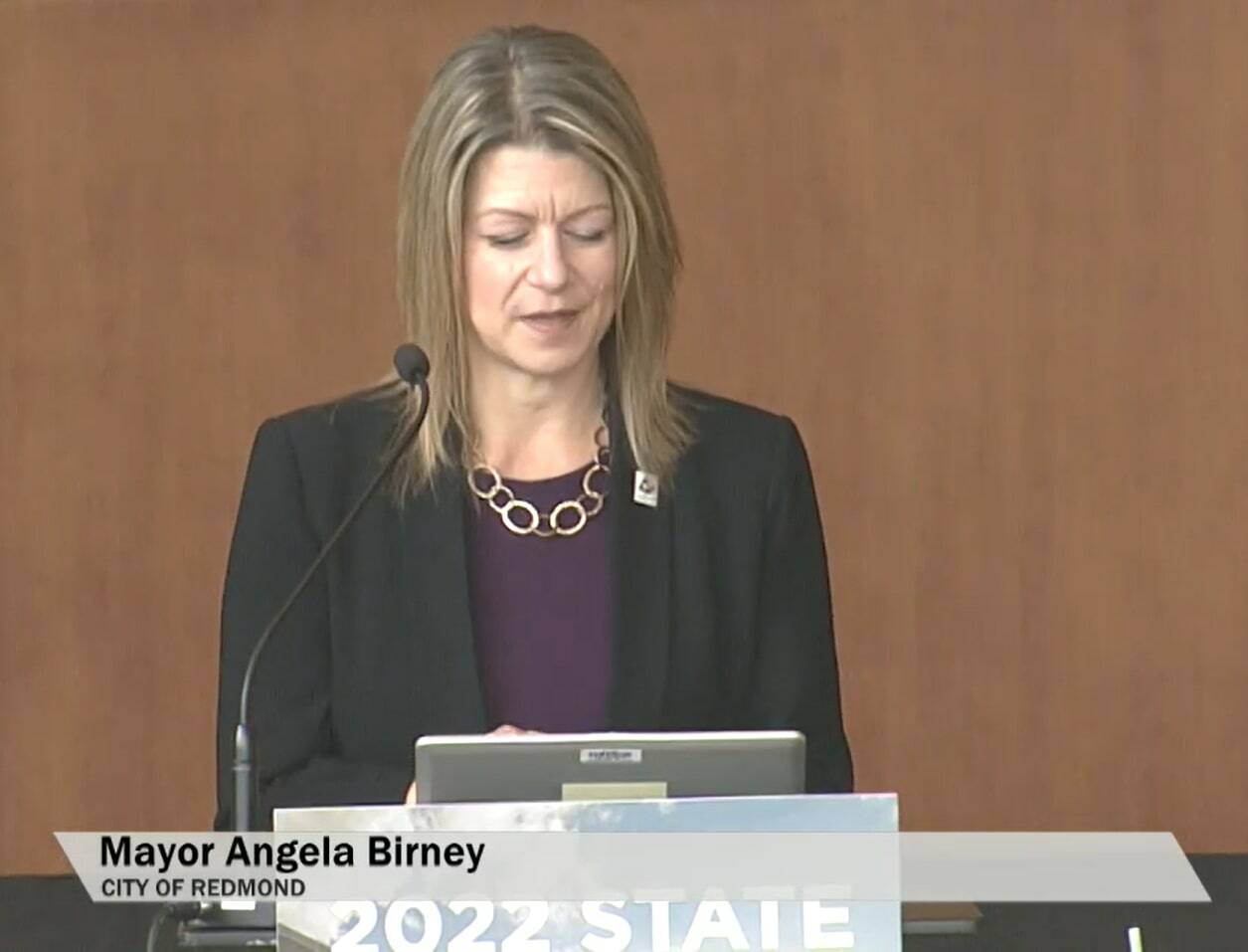 Mayor Angela Birney speaks at Redmond’s State of the City address on March 31. Courtesy of YouTube.