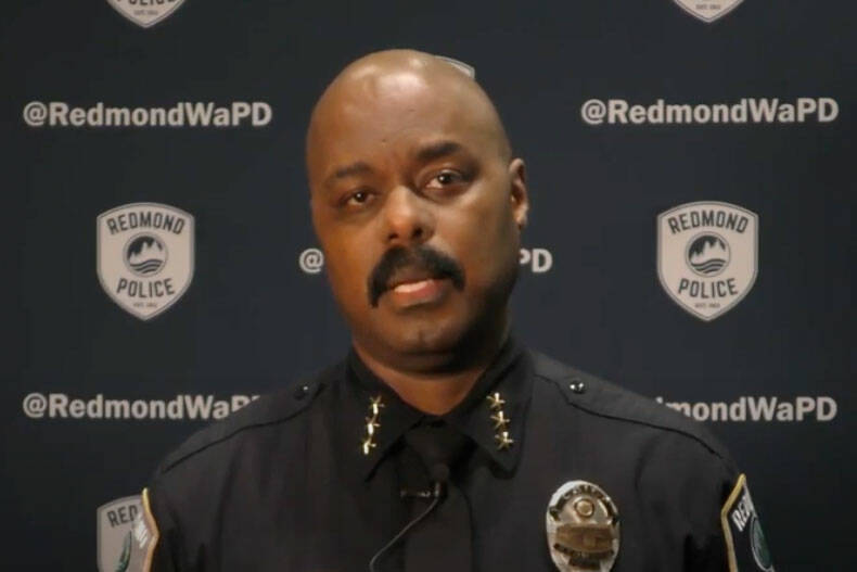 Screenshot taken from Chief Darrell Lowe’s previous press announcement (Screenshot from Redmond WA Police Youtube Channel)
