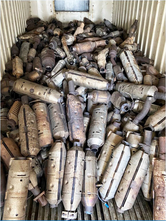 Catalytic converter thefts have become more prevalent across King County in the past few years. Pictured: The Kent Police Department recovered nearly 800 catalytic converters during arrests in 2021. (Photo courtesy of the Kent Police Department)
