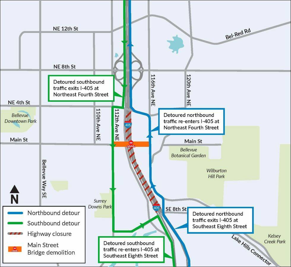 A map of detours commuters can take during the Main Street Bridge demolition. Courtesy of WSDOT.