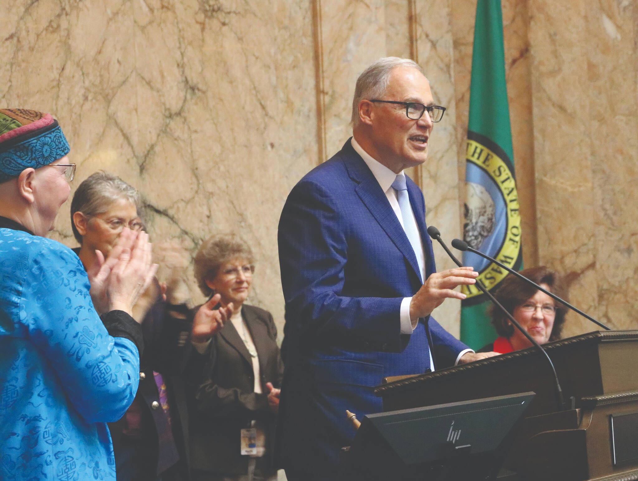Photo by Aspen Anderson, WNPA Foundation
Entering his final year in office, Gov. Jay Inslee called for action on several fronts in his annual State of the State address to a joint session of the state Legislature.