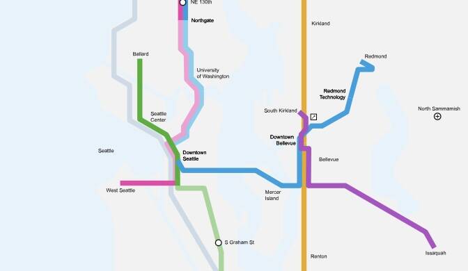 The blue line represents the 2 Line route. The purple line represents the future South Kirkland-Issaqauh Link. (Sound Transit)