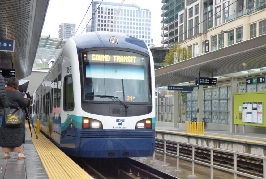 <p>Train heading north from the Downtown Bellevue Station will cross over I-405 to the Wilburton Station. (Cameron Sires/Sound Publishing)</p>