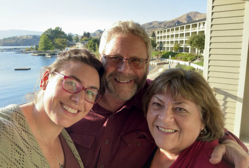 <p>Angela Donaldson with her parents, Kevin and Laurie Hauglie. </p>