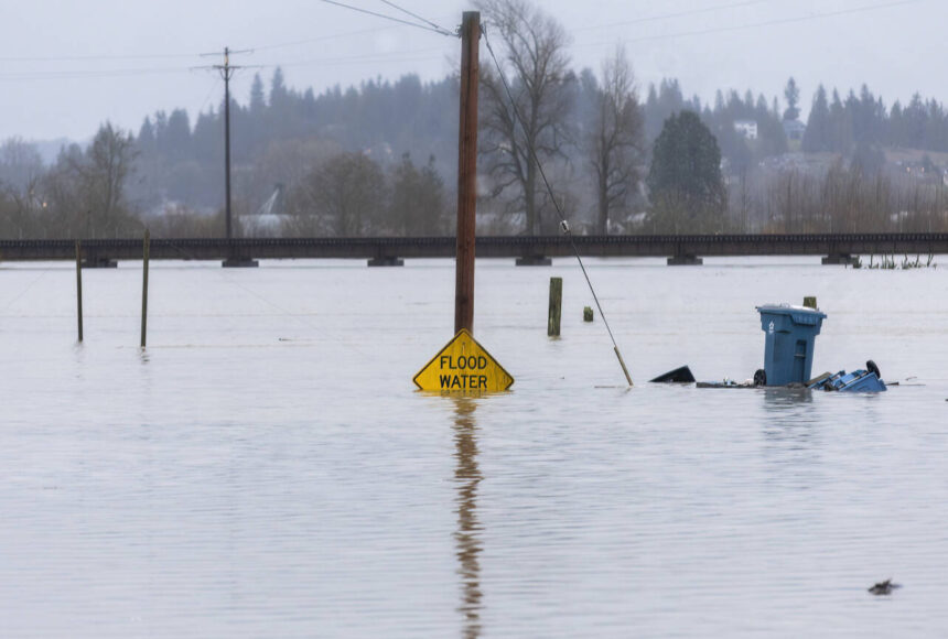 <p>Floodwater from the Snohomish River partially covers a flood water sign on Thursday, Dec. 11, 2025 in Snohomish, Washington. (Sound Publishing photo)</p>