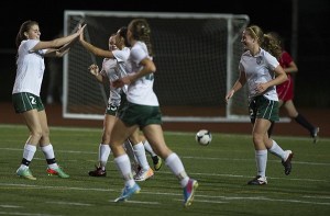 Bear Creek players celebrate a goal against Mt. Baker.