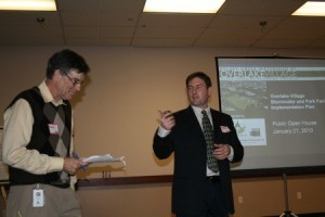 City of Redmond parks project manager Tim Cox (left) and stormwater engineer Steve Hitch (right) told attendees at a Jan. 21 open house about plans to co-locate stormwater management facilities and park space in the Overlake neighborhood. They said combining these features will save taxpayers money and provide desirable gathering places as more mixed-use development and light rail are anticipated in the Overlake Village over the next 20 years.