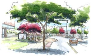 This rendering shows what the proposed Downtown East/West Corridor Study project would look like once constructed. The view is looking east on Cleveland Street between Cleveland Square and Redmond Town Center towards 166th Avenue Northeast.