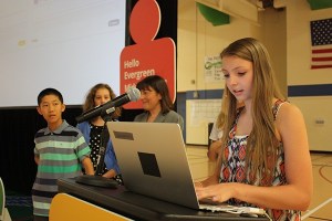 Evergreen Middle School eighth-grader Cameron Edward puts her password-creating skills to the test during an all-school assembly on online safety on Monday.