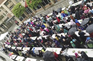 A throng of participants line up to dye eggs last Saturday at Redmond Town Center