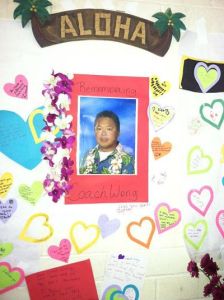 A sign and messages honoring Don Wong at Norman Rockwell Elementary School.