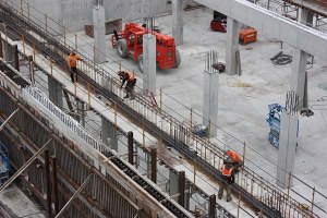 Construction crews do work on the South Detention Vault in Overlake Village.