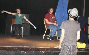 Sam Crenshaw (left) and Joey Janksi (right) rehearse their parts in “Speech and Debate