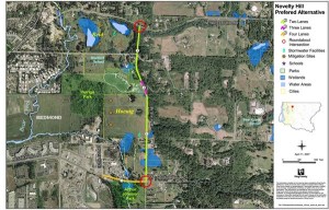 The first phase of the Union Hill-Novelty Hill project will include extending 196th Avenue Northeast up to Novelty Hill and installing two roundabouts where the two red circles are.