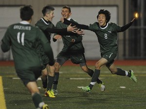 Bear Creek sophomore forward Nathan Sim celebrates after scoring in the Grizzlies’ 2-0 victory over Grace Academy in the state final.
