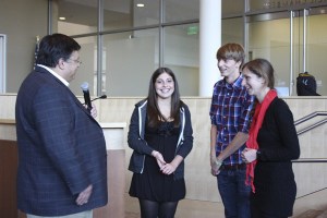 City of Redmond Mayor John Marchione (left) speaks with German exchange students Vanessa Mangione