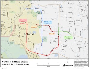 Northeast Union Hill Road will be closed between 192nd Avenue Northeast and 205th Avenue Southeast from 9 p.m. Friday