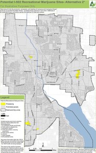 The yellow sections on this map of Redmond indicate where marijuana processing businesses would be allowed.