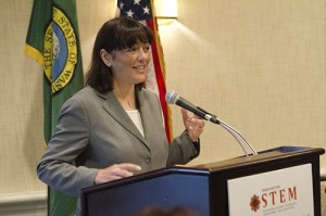 Congresswoman Suzan DelBene speaks at the Washington STEM Computer Science Roundtable on Monday at the Woodmark Hotel in Kirkland.